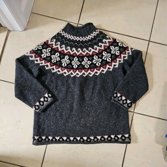 Icelandic Design L Quarter Zip Navy Gray Red Fair Isle 100% Cotton Sweater Fall - Picture 7 of 8